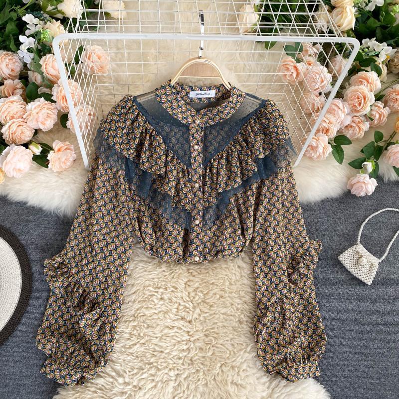 See-through Mesh Ruffled Blouse