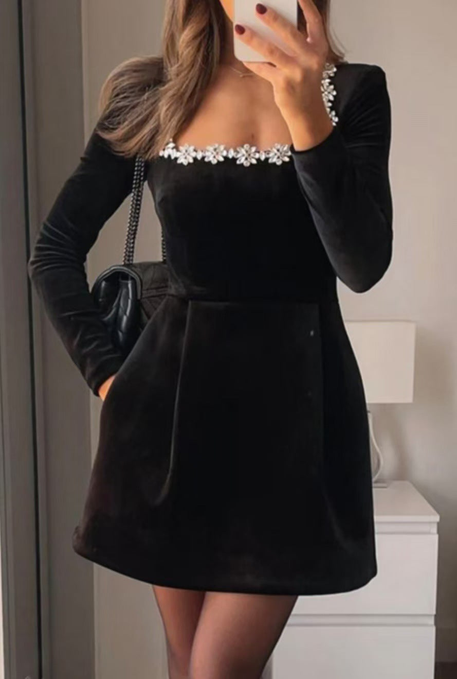 Elegant Square Neck Long-sleeved Dress
