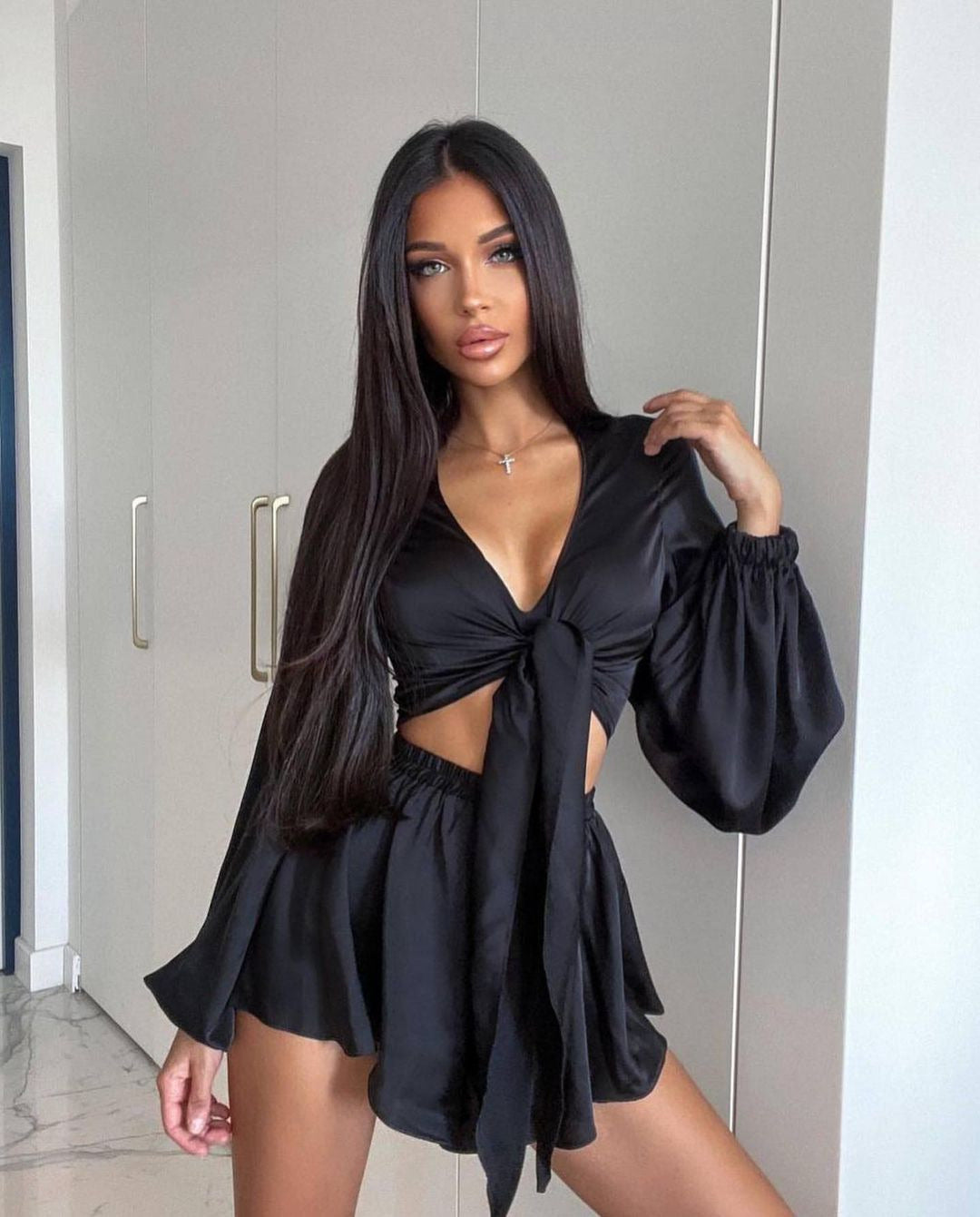 Long Sleeve Top And Shorts Suit