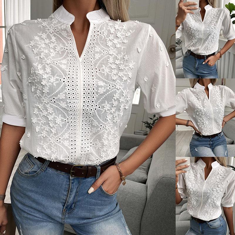 V-neck Stand Collar Embroidery Lace Blouse