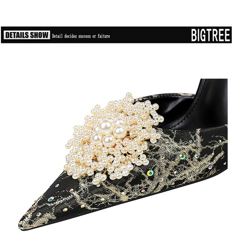 Pointed Toe Rhinestone Pearl Flower High Heels