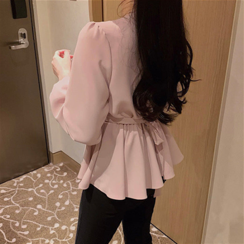 Solid Color Waist Long-sleved Blouse