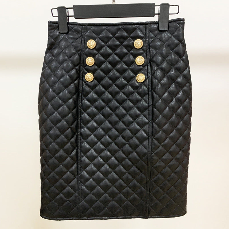 Rhombus leather high waist skirt