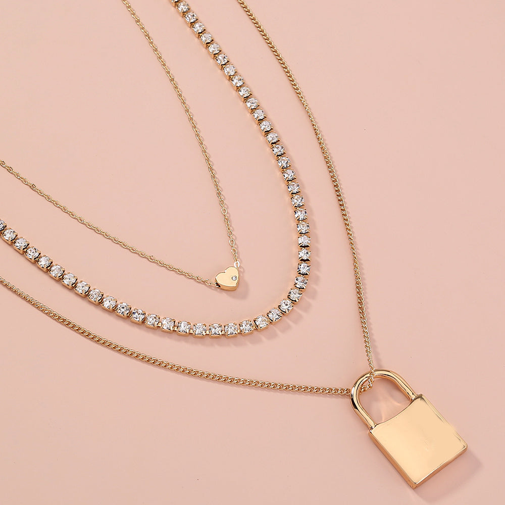 Lock pendant multi-layer Gold Necklace