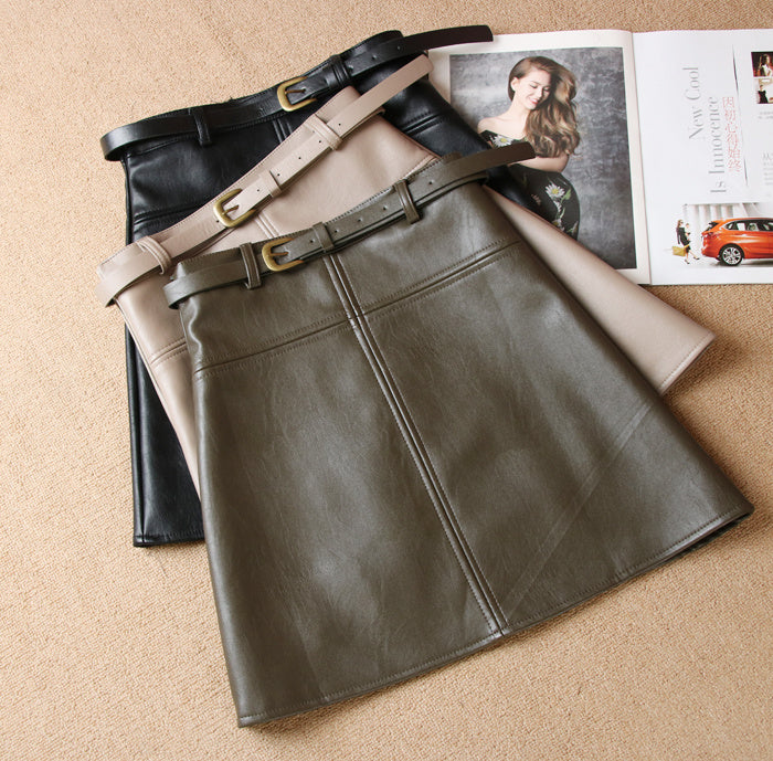 High Waist All-match Thin PU Skirt