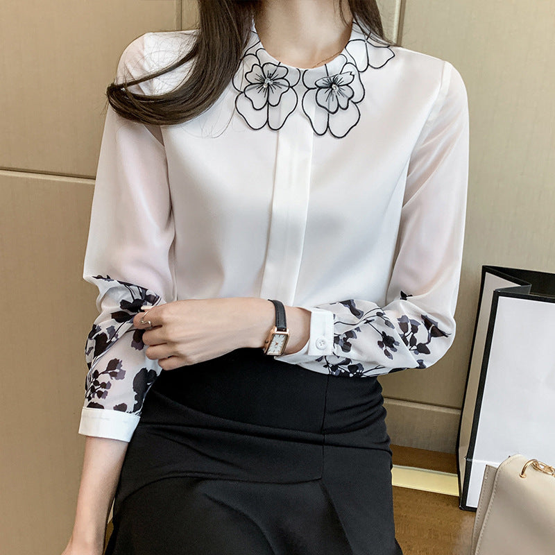 Petal Collar Chiffon Shirt Sleeve Print All-match Blouse