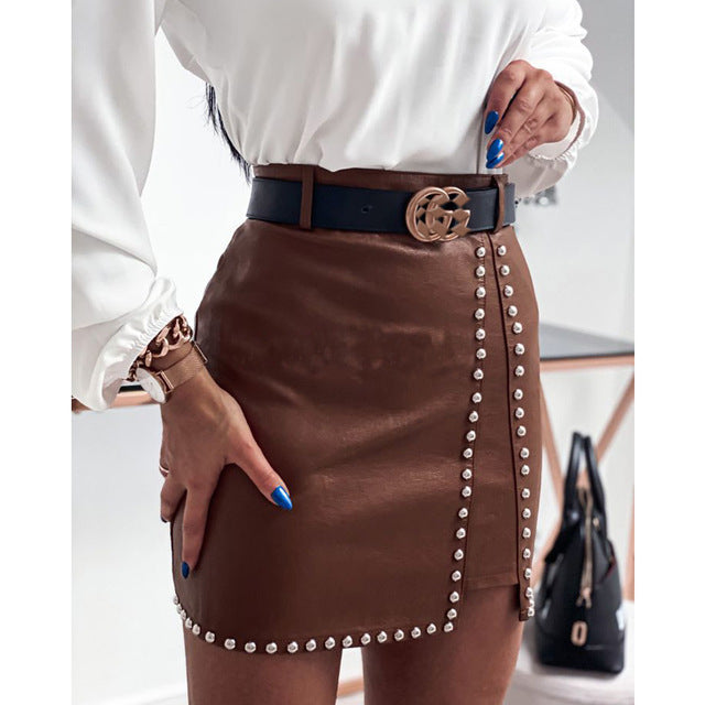 Elegant Fashion Rivets PU Leather Skirt