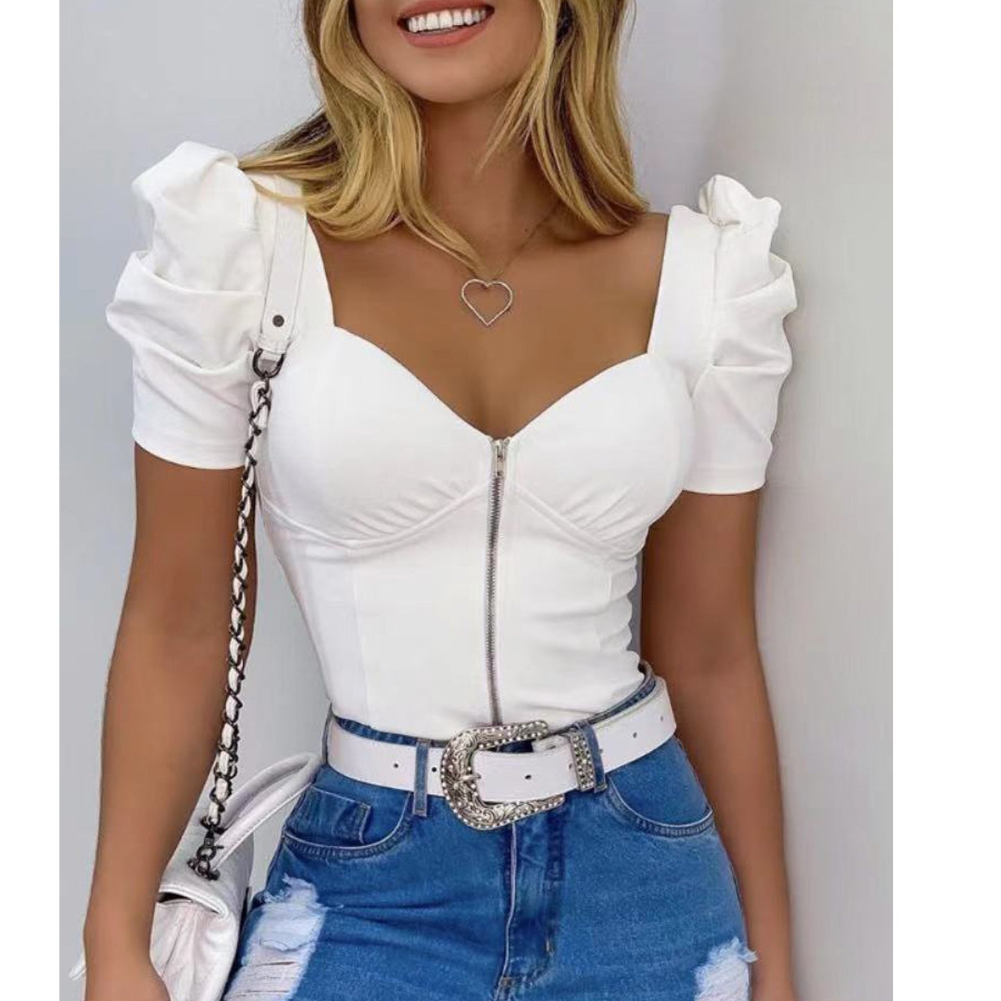 U-Neck Fluffy Sleeve Front Zipper Blouse