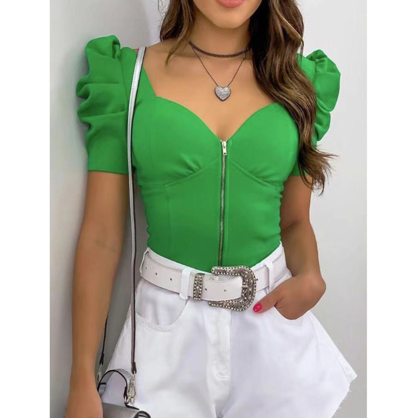 U-Neck Fluffy Sleeve Front Zipper Blouse