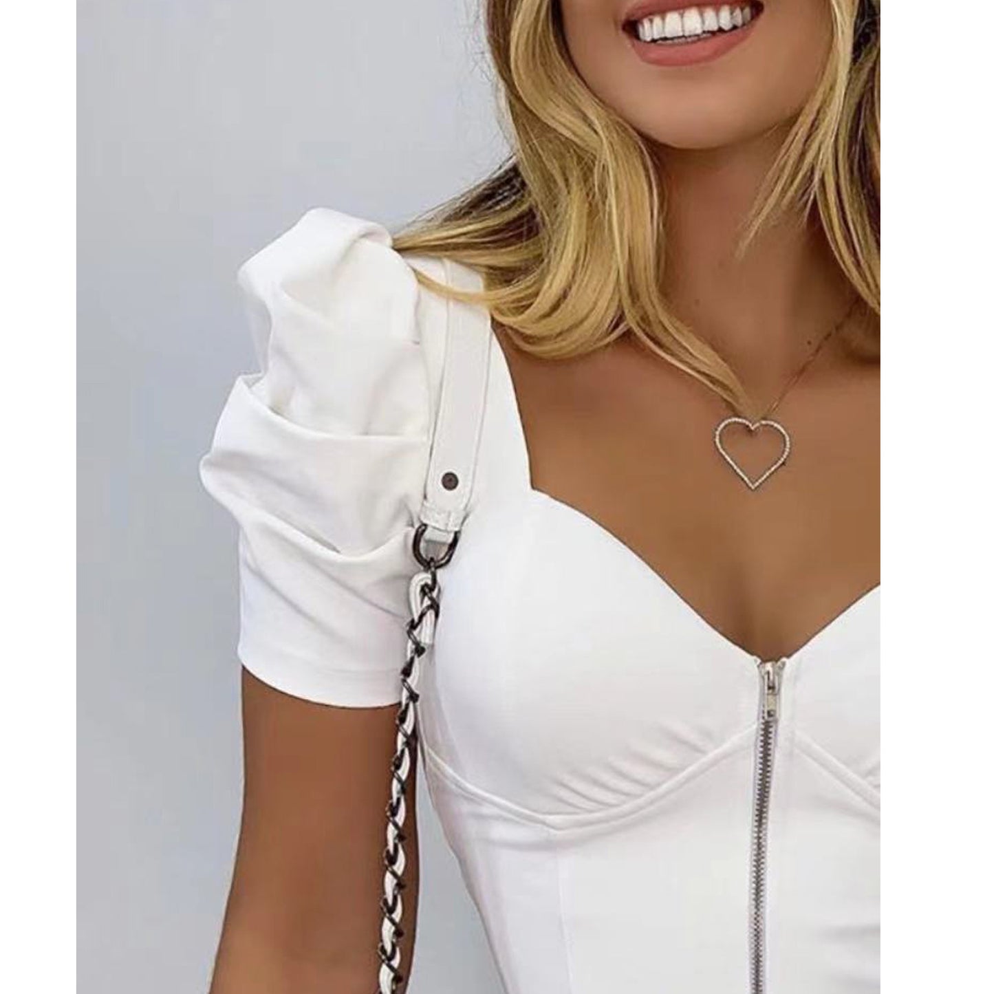 U-Neck Fluffy Sleeve Front Zipper Blouse