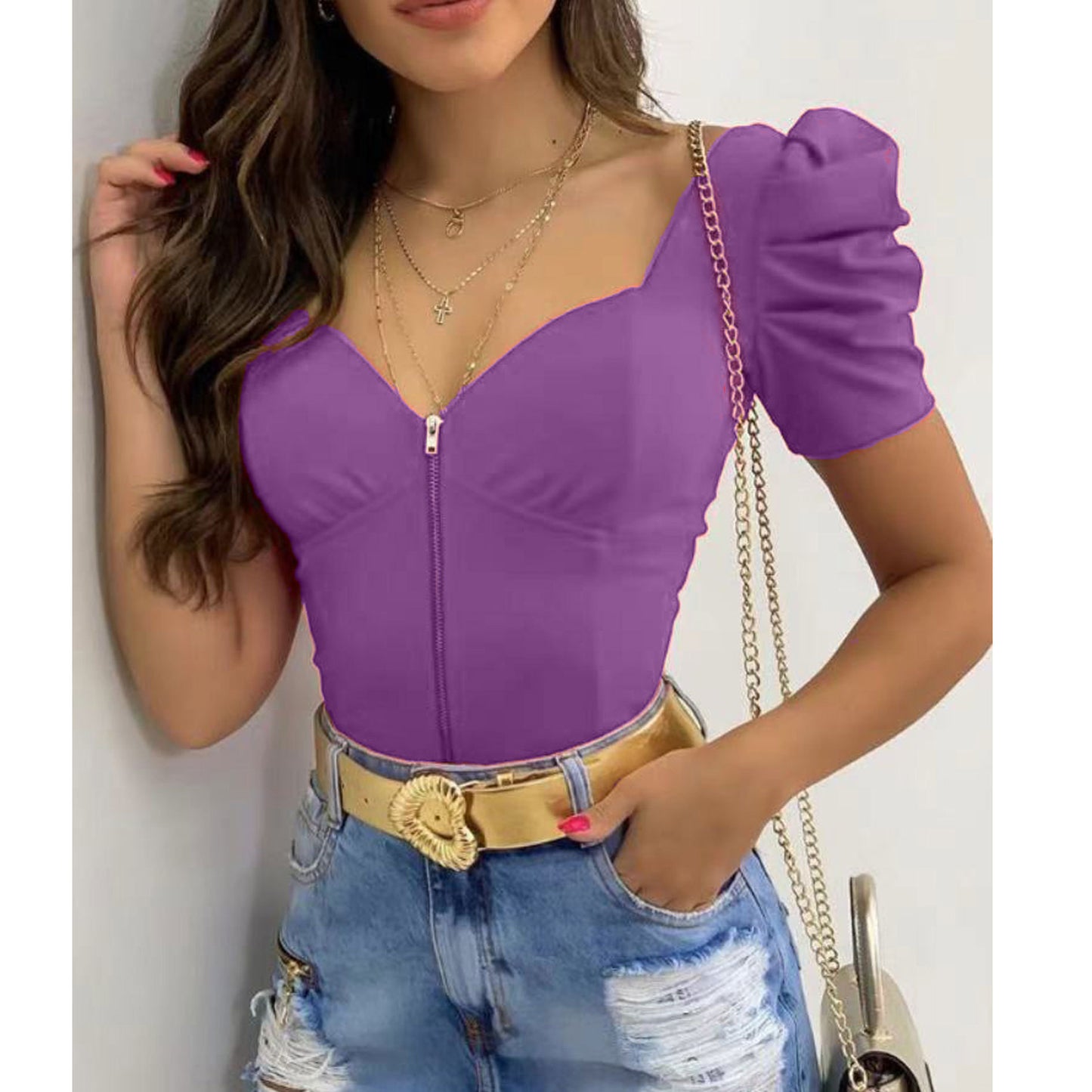 U-Neck Fluffy Sleeve Front Zipper Blouse