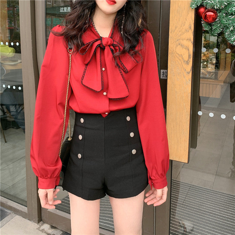 Solid Color Blouse with Bow