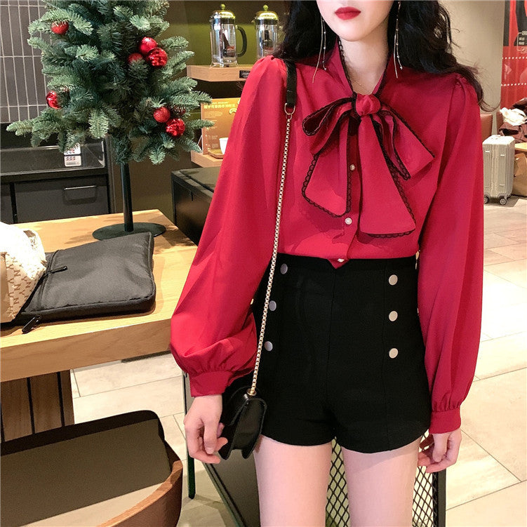 Solid Color Blouse with Bow