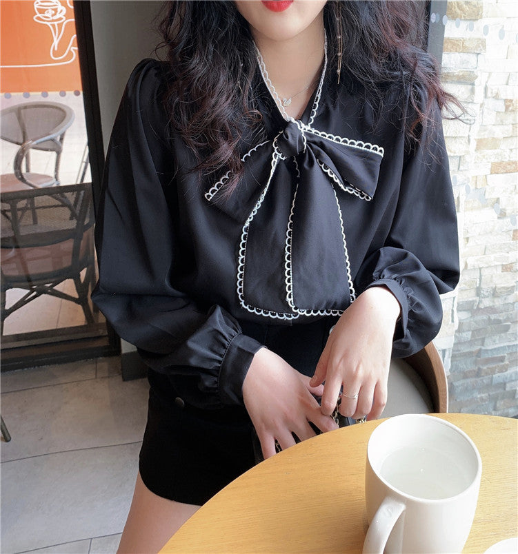 Solid Color Blouse with Bow