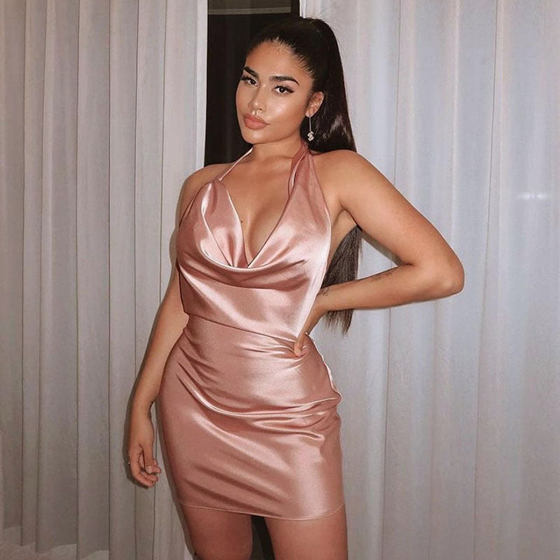 Satin Party Dress V Neck Backless Dress