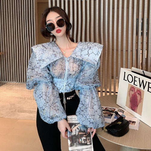 Large Lapel Elegant French Puff Sleeve Flower Shirt