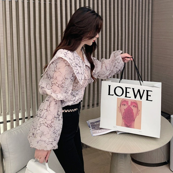 Large Lapel Elegant French Puff Sleeve Flower Shirt