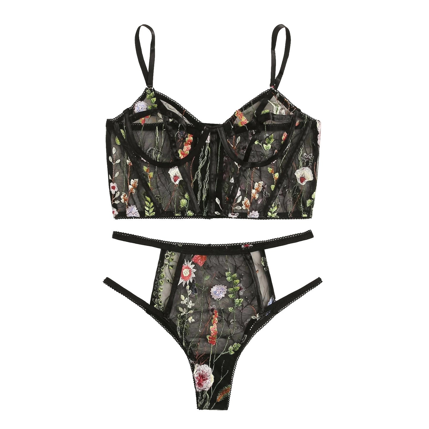 Mesh See-through Floral Embroidery Bra Set