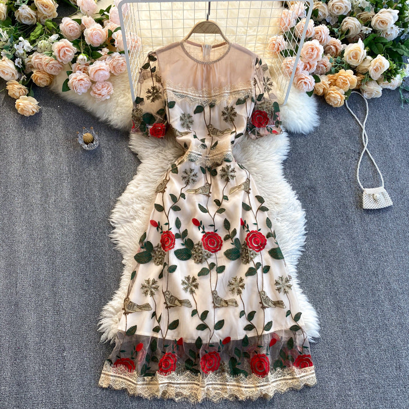 Waist Slimming Embroidered Flower Mid-length Dress