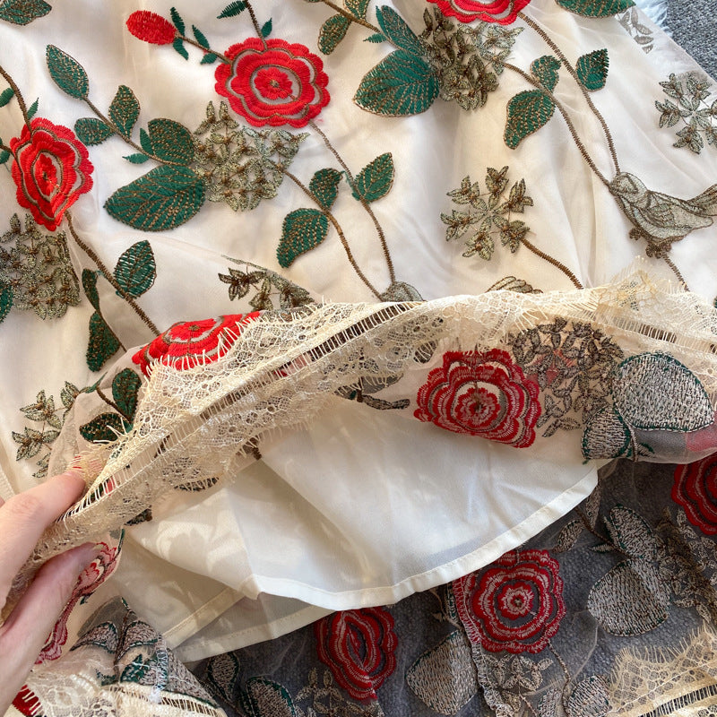 Waist Slimming Embroidered Flower Mid-length Dress