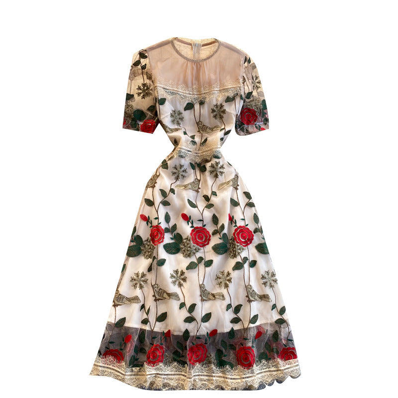 Waist Slimming Embroidered Flower Mid-length Dress