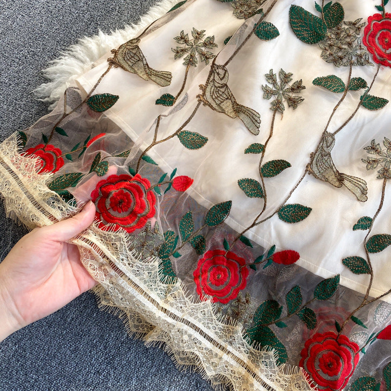 Waist Slimming Embroidered Flower Mid-length Dress