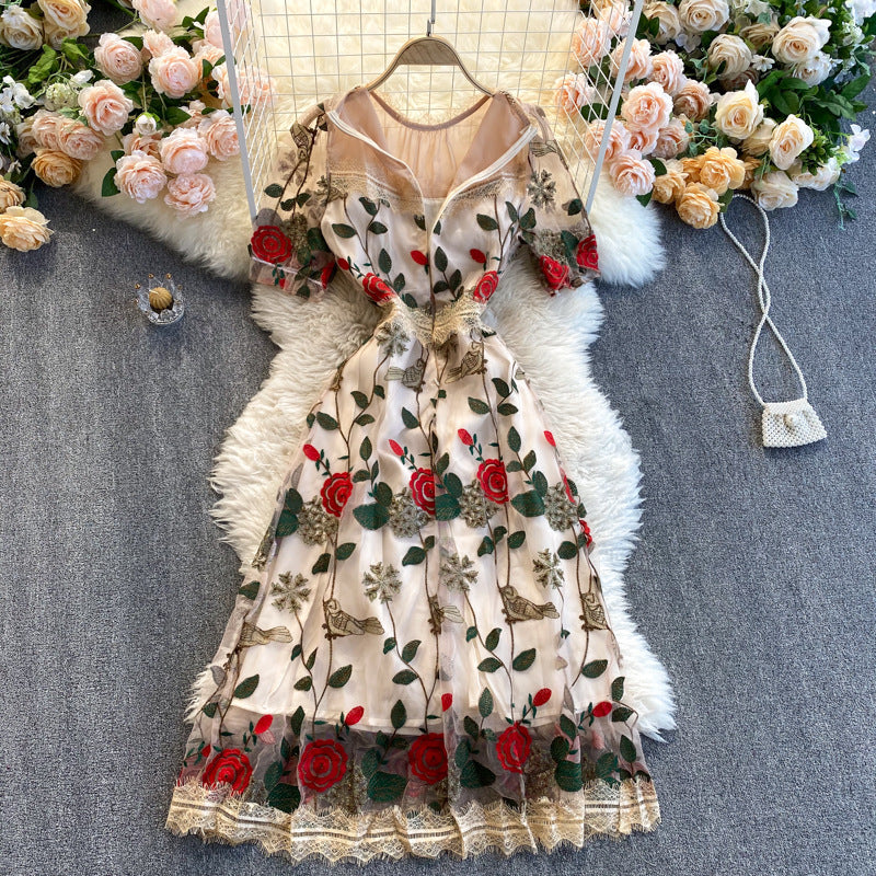 Waist Slimming Embroidered Flower Mid-length Dress