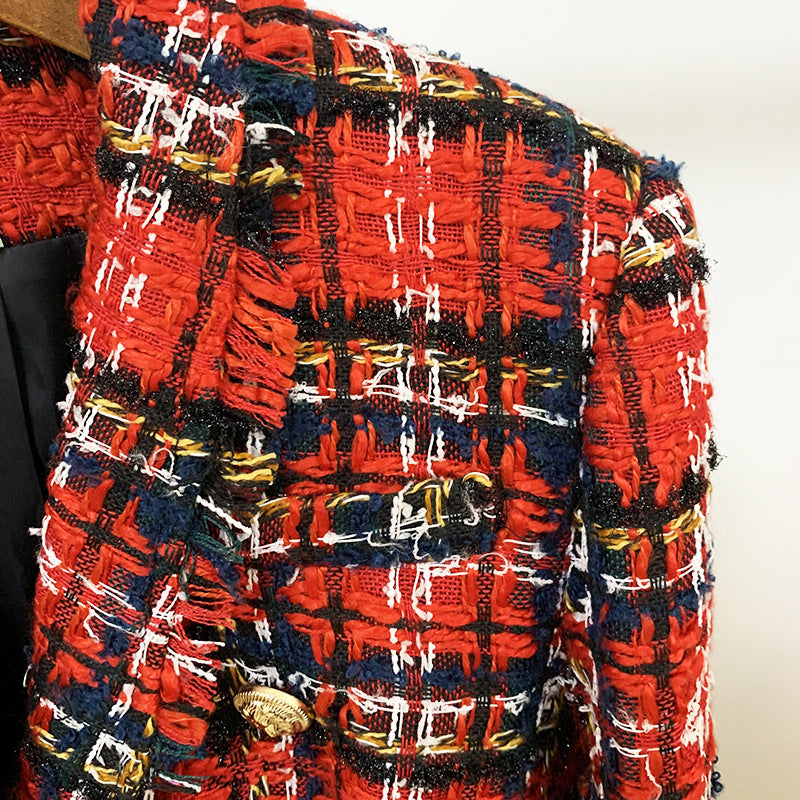 Double-Breasted Plaid Woolen Fringed Jacket