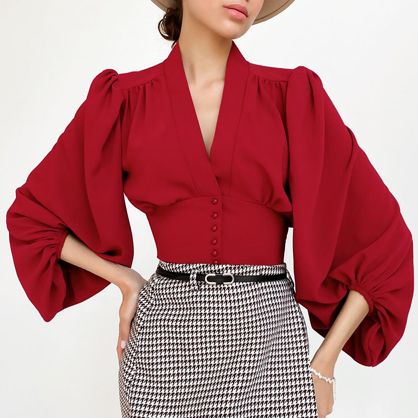 V Neck Button Down Blouse