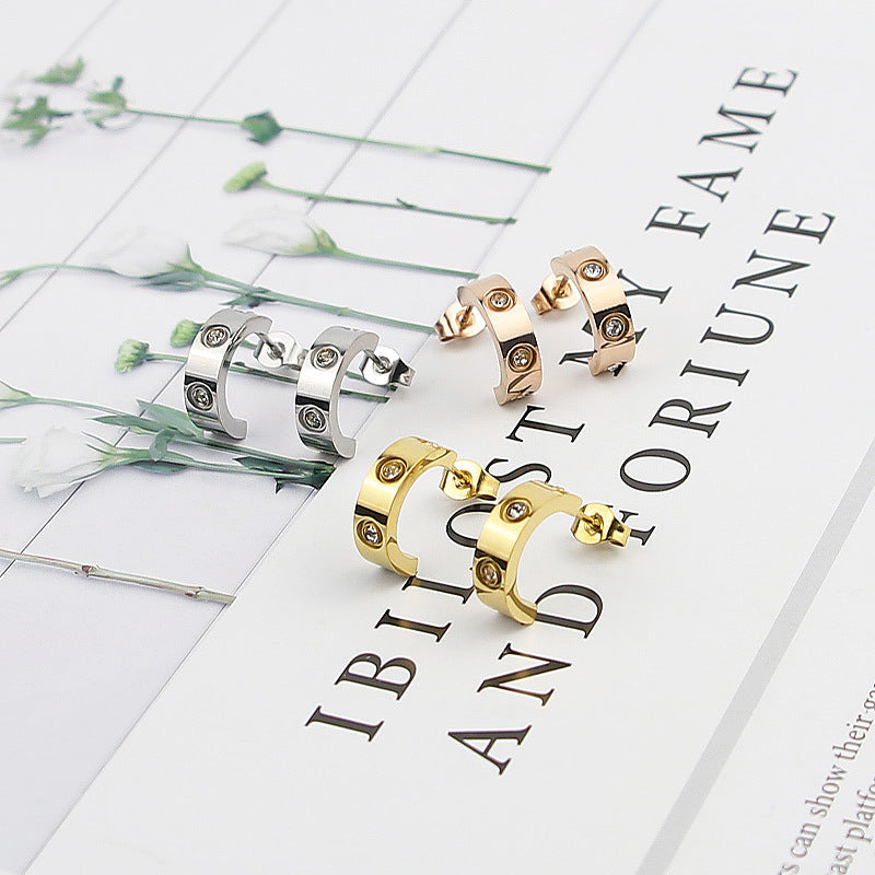 Stainless Steel C-shaped 4 Diamond Earrings