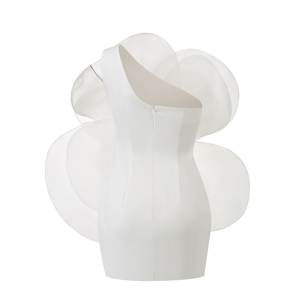 High-end Oblique Shoulder Decorative Flower Dress