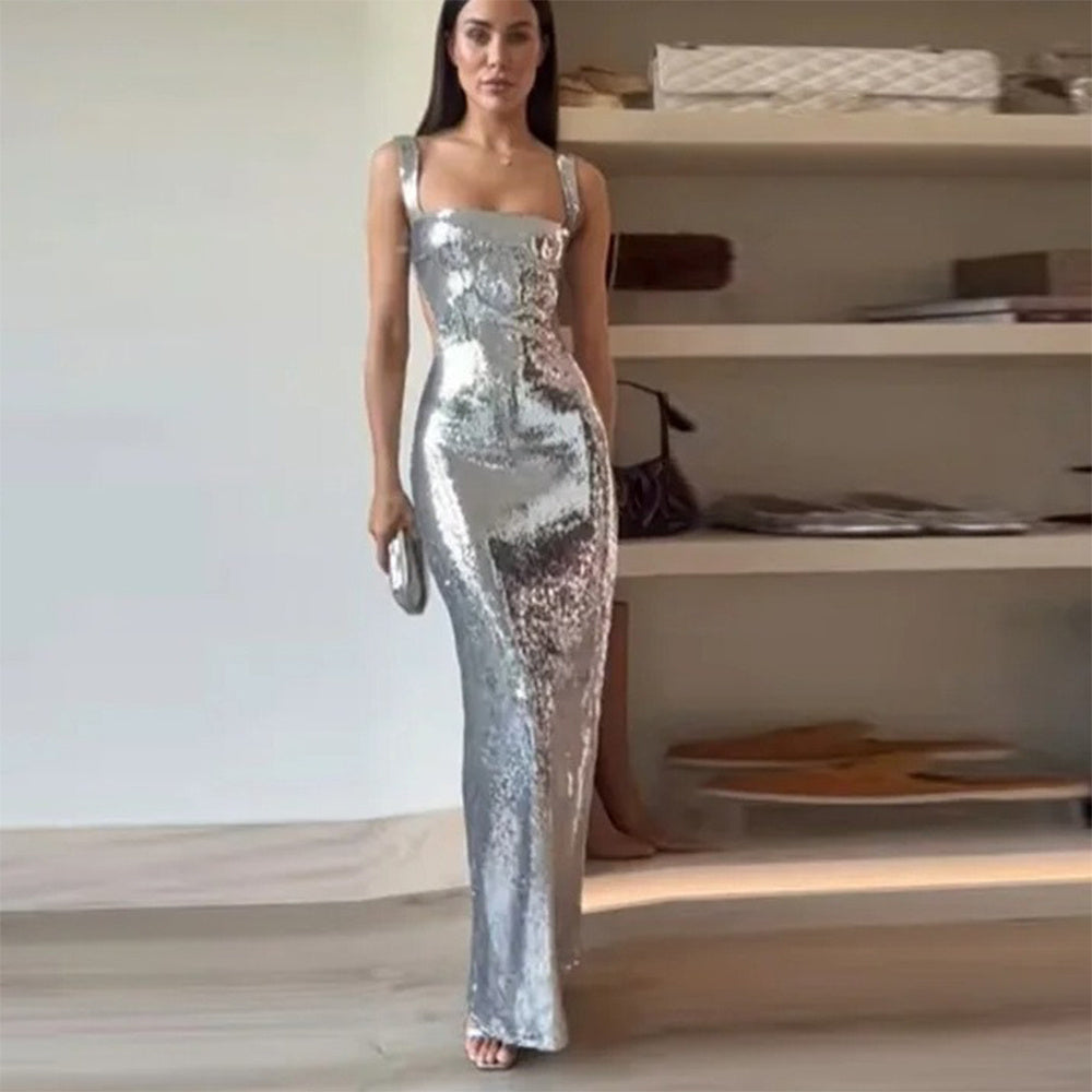 French High Feeling Silver Sequins Halter Sheath Dress