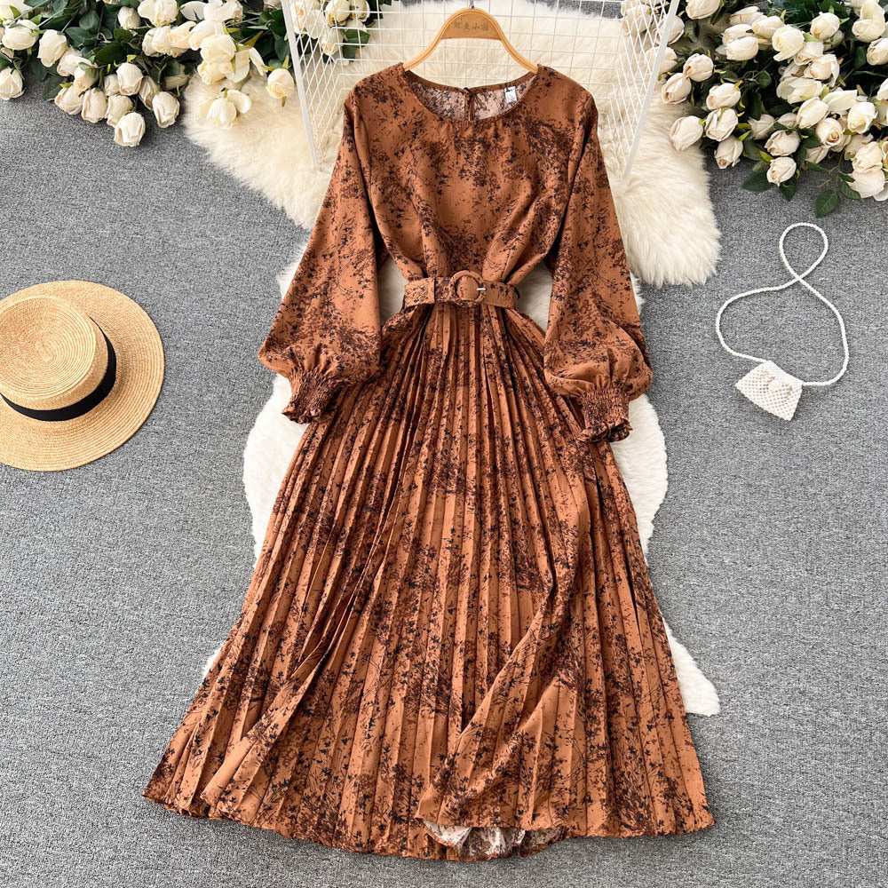 European Style Retro Printed Heavy-duty Pleated Dress