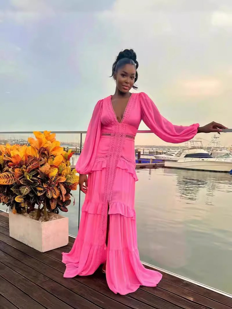 Stitching Long Sleeve Elegant V-neck Dress