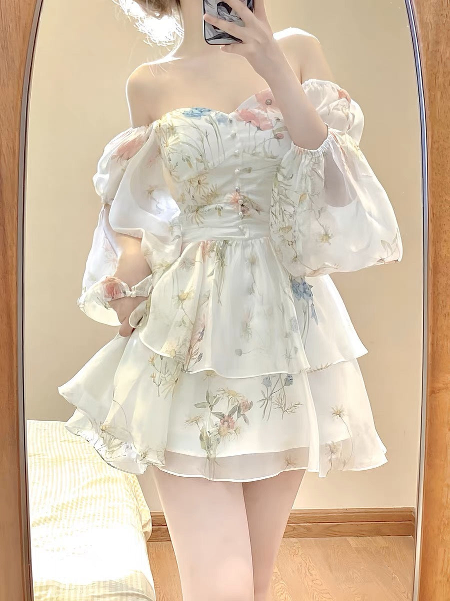 Waist-tight French Style Long Sleeve Floral Dress