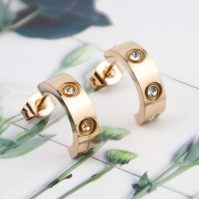 Stainless Steel C-shaped 4 Diamond Earrings