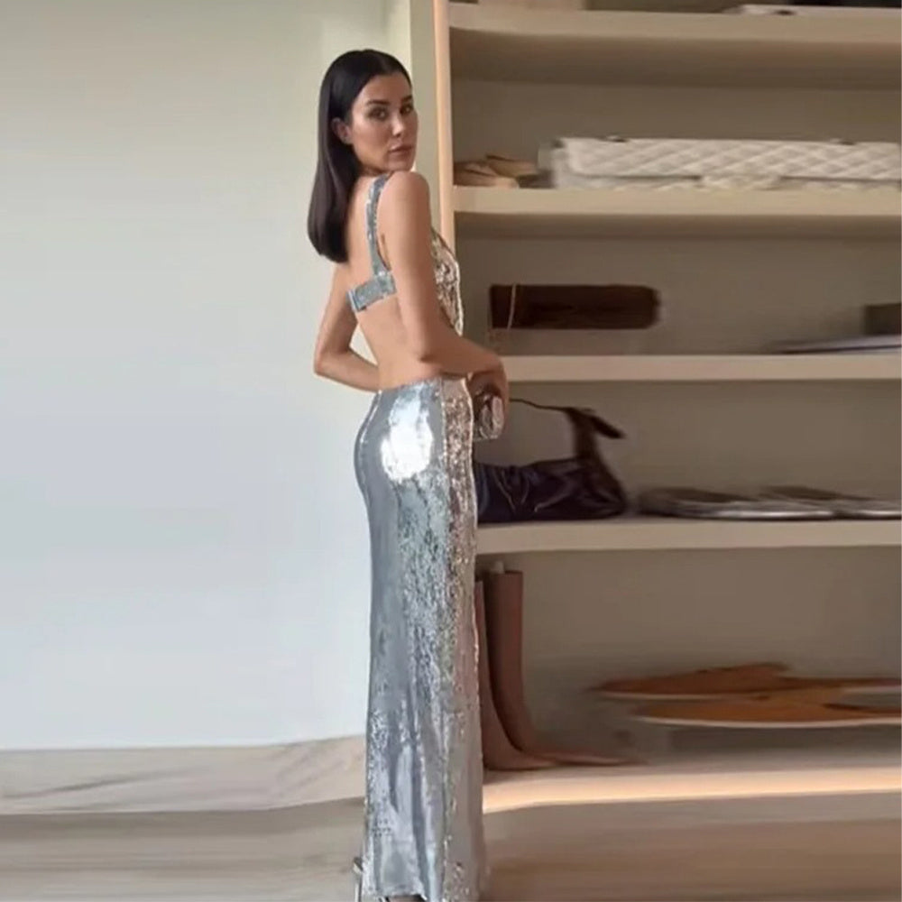 French High Feeling Silver Sequins Halter Sheath Dress