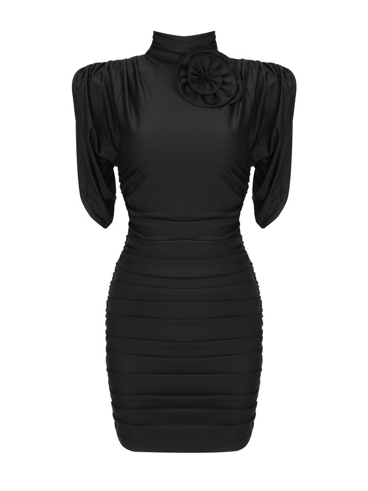 French Three-dimensional Turtleneck Pleated Dress
