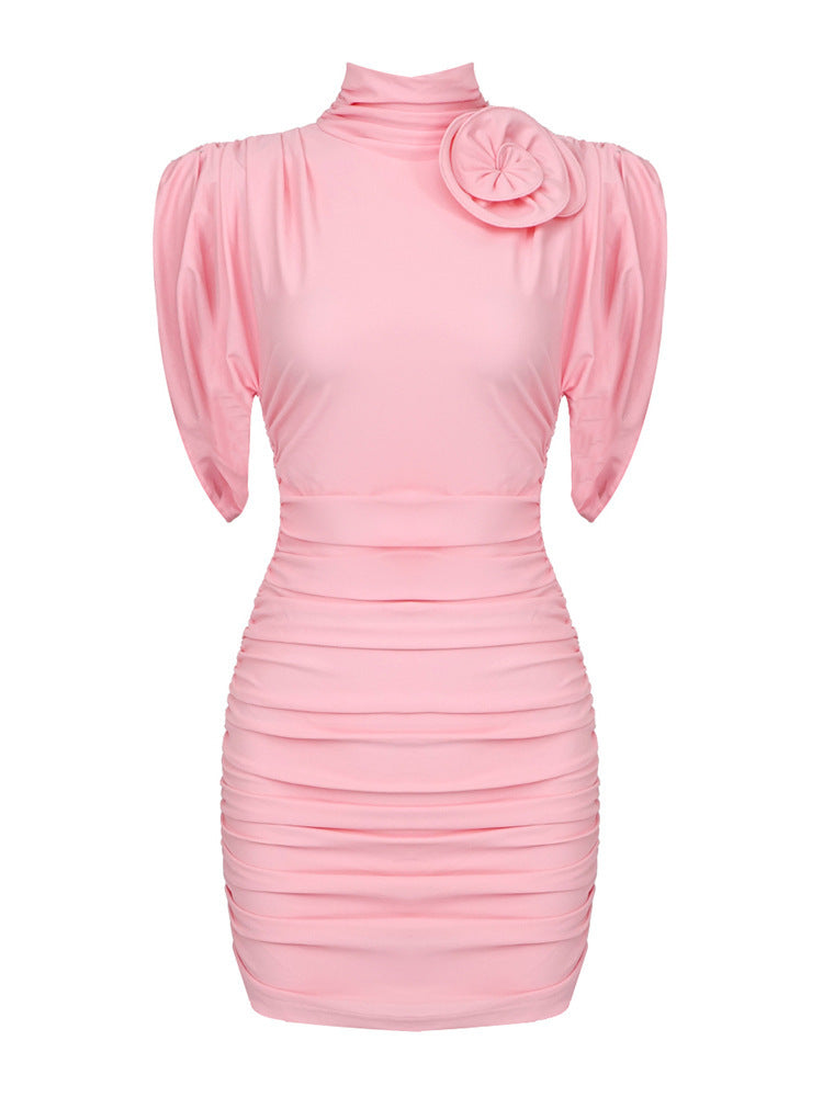 French Three-dimensional Turtleneck Pleated Dress