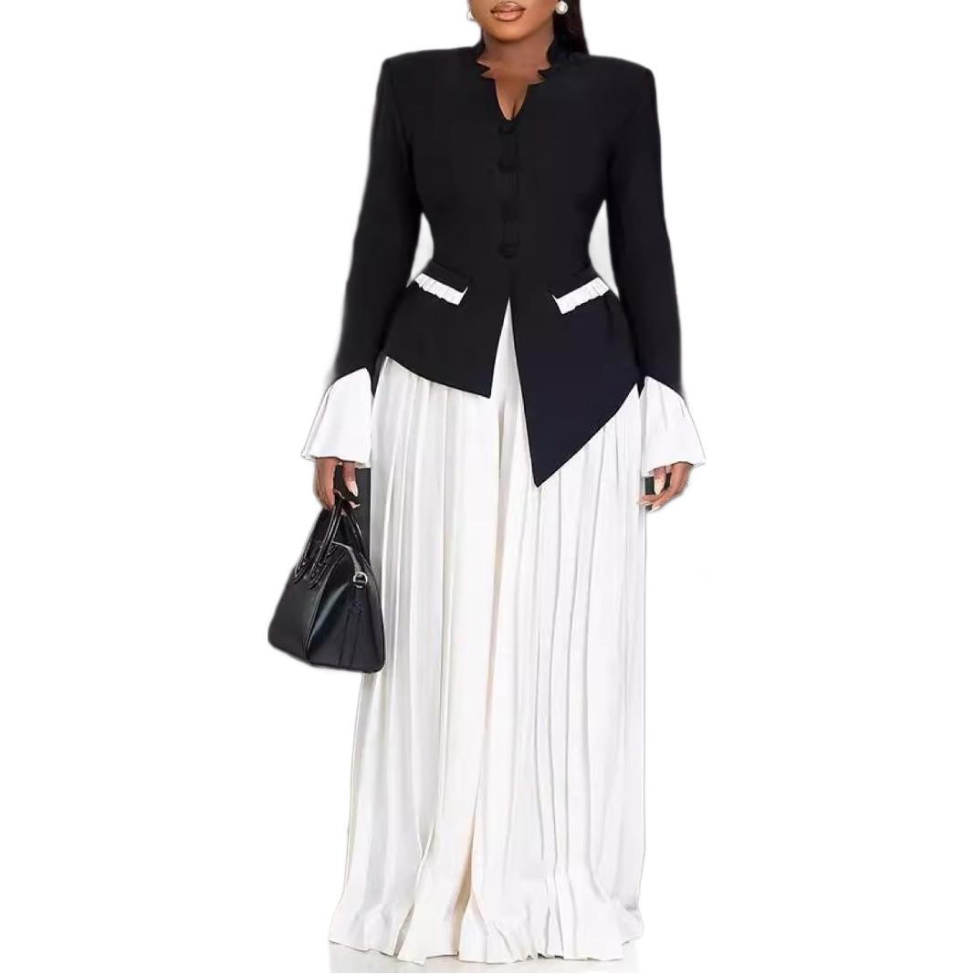 Pleated Blouse And Pants Suit