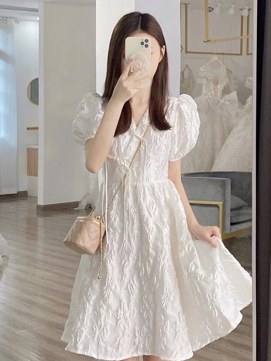 White V-neck Puff Sleeve Dress