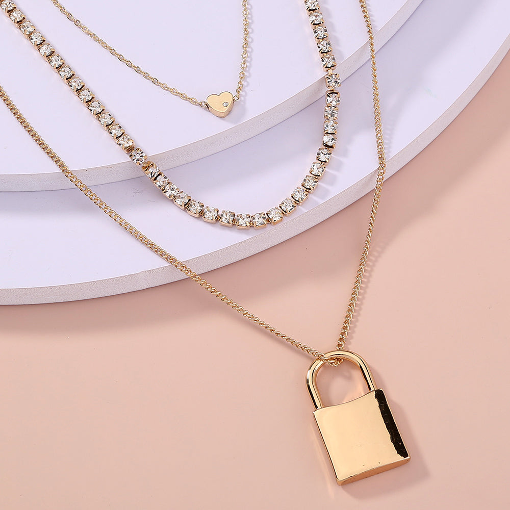 Lock pendant multi-layer Gold Necklace