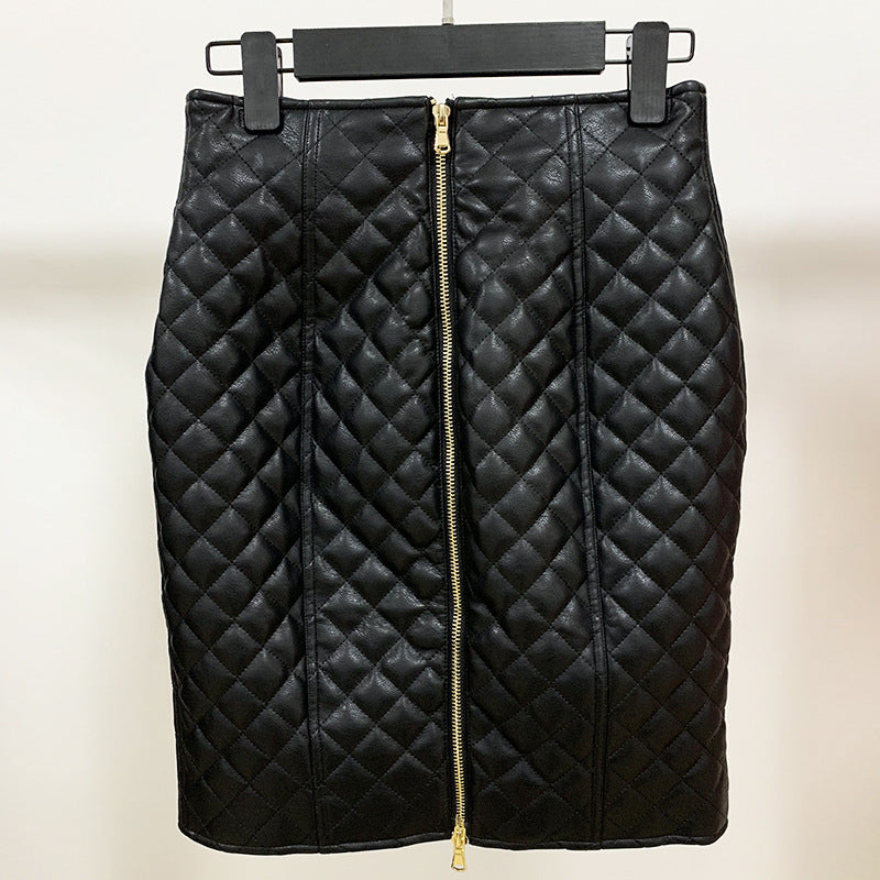 Rhombus leather high waist skirt