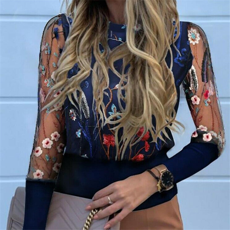 Floral Sheer Mesh Sleeve Blouse