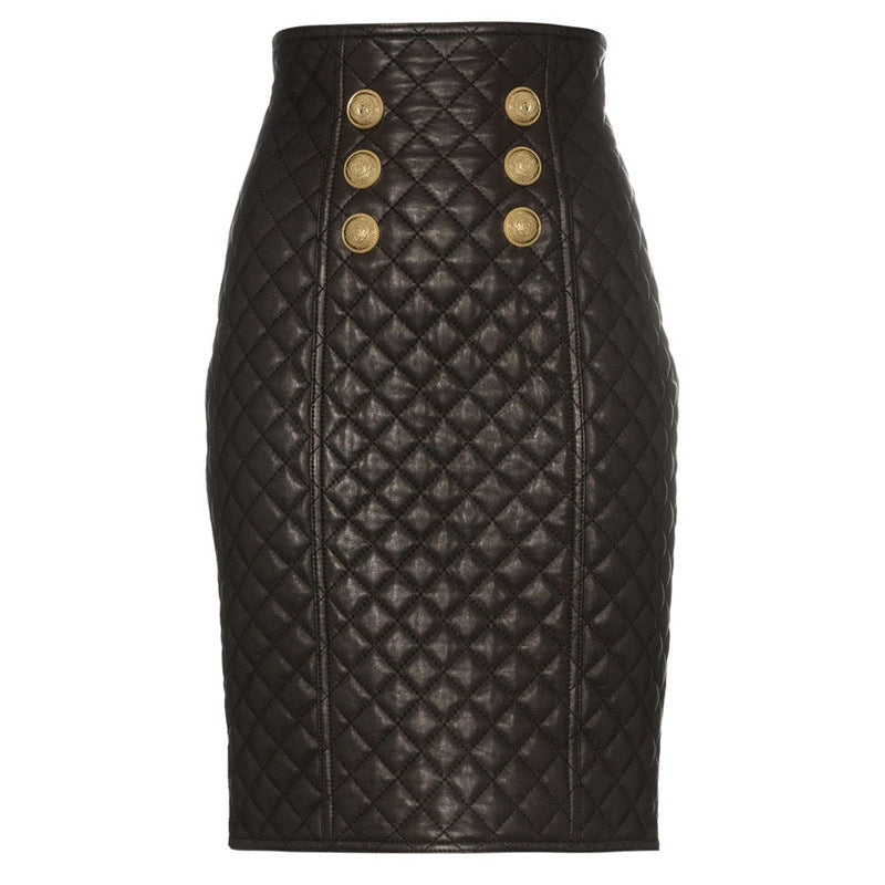 Rhombus leather high waist skirt