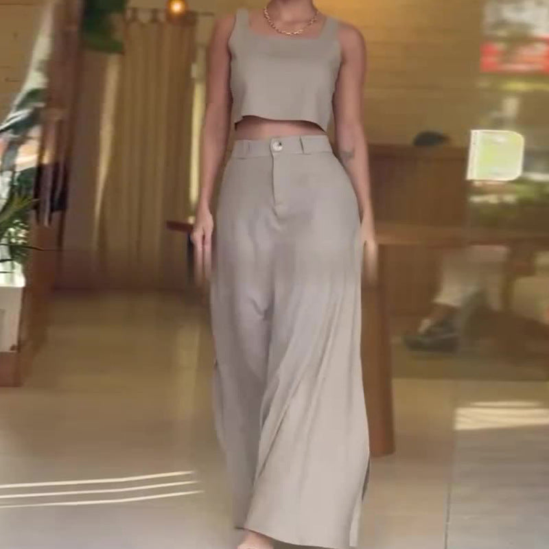 Square-neck Short Sleeveless High Waist Skirt Suit