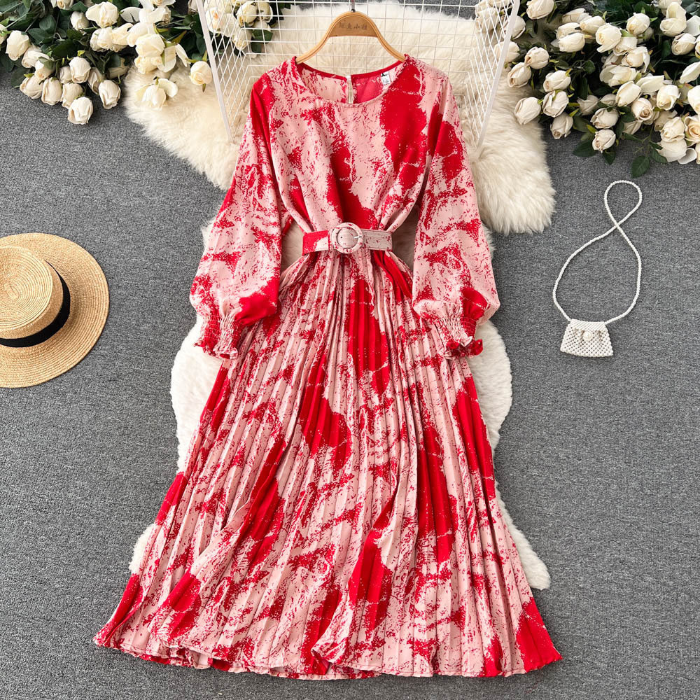 European Style Retro Printed Heavy-duty Pleated Dress