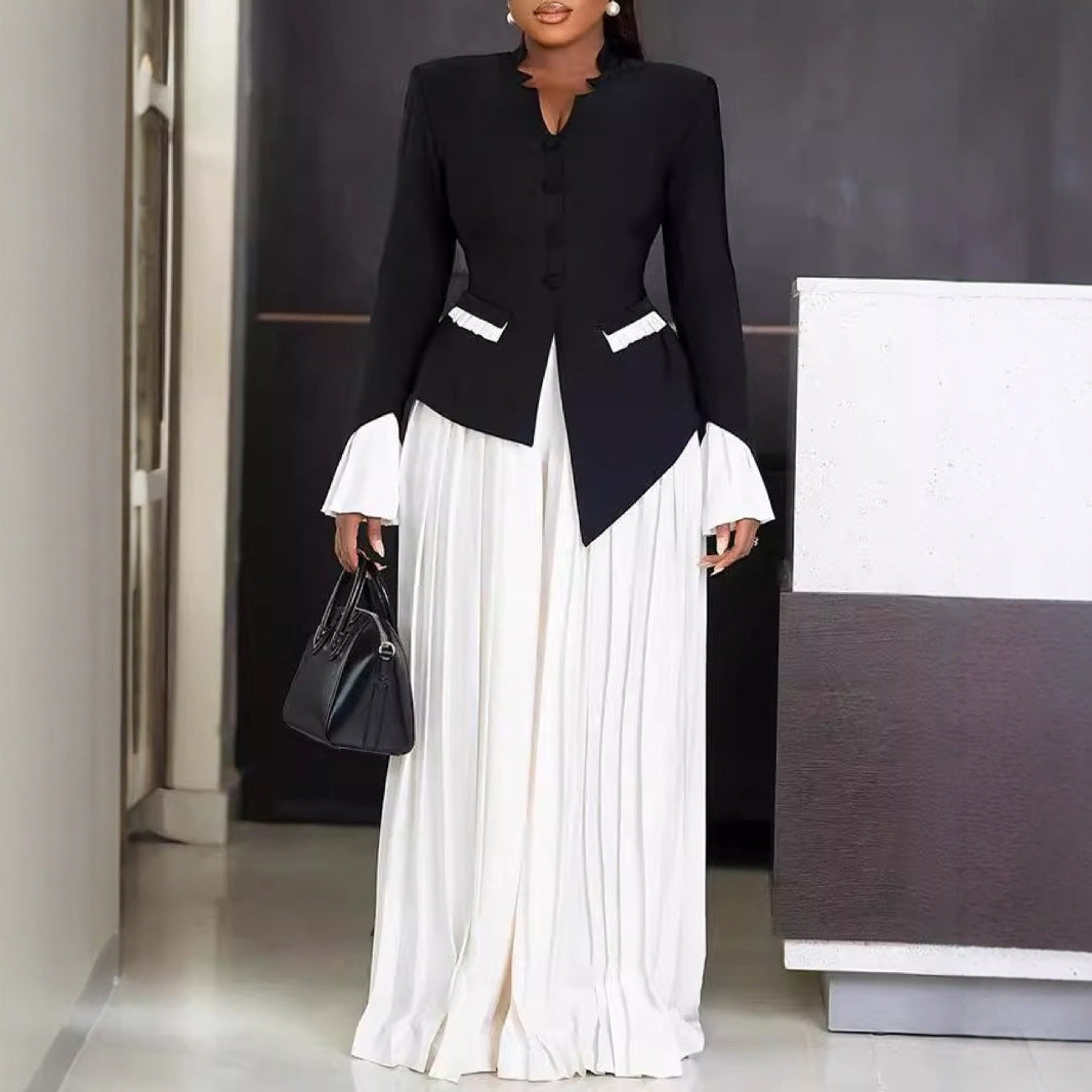 Pleated Blouse And Pants Suit