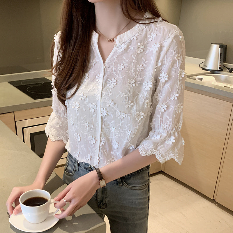 Lace Shirt Flared Embroidered Blouse