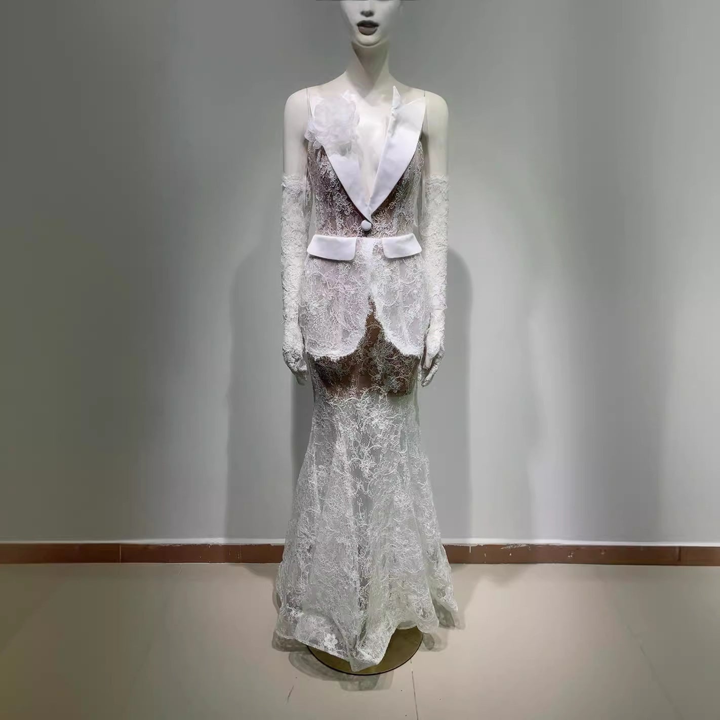 Suit Collar Sequined Lace Stitching High Waist Long Fishtail Skirt